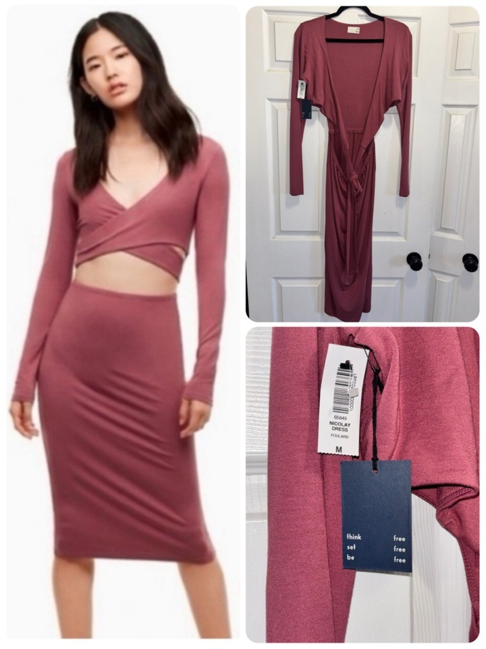 NWT Aritzia Wilfred Free Nicolay Deep Rose Dress Cut Out Front With Tie Medium